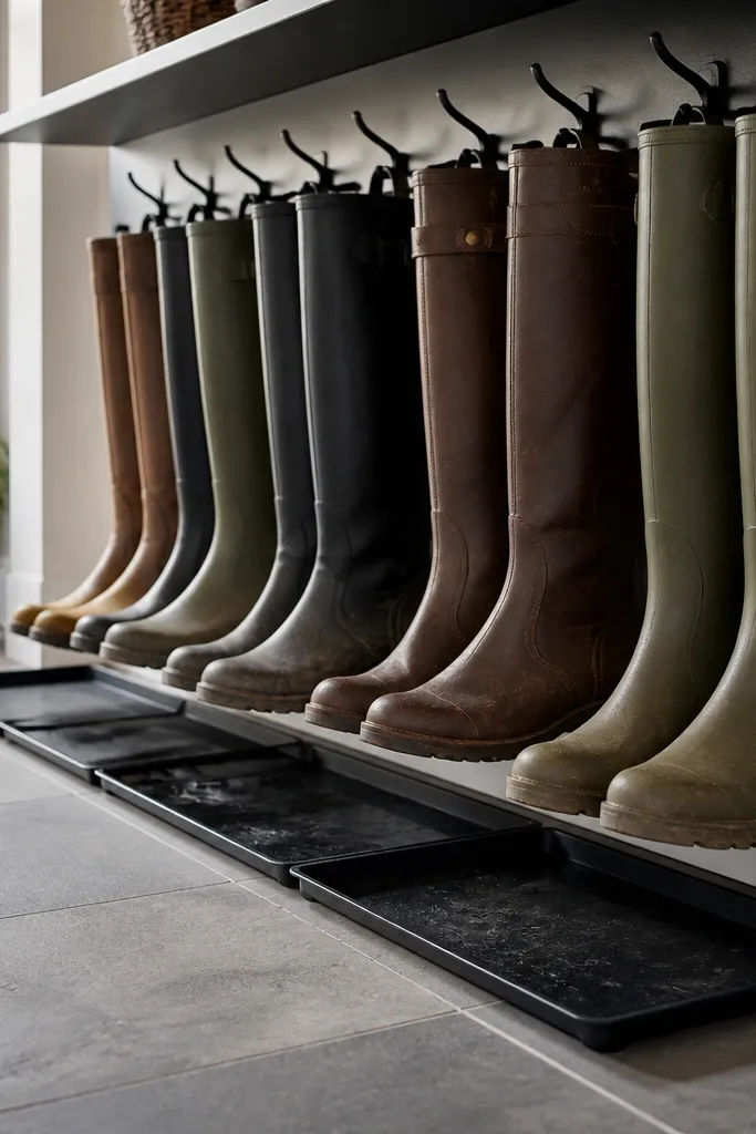Boots hanging from pegs with slip trays under a shelf in a themed entry