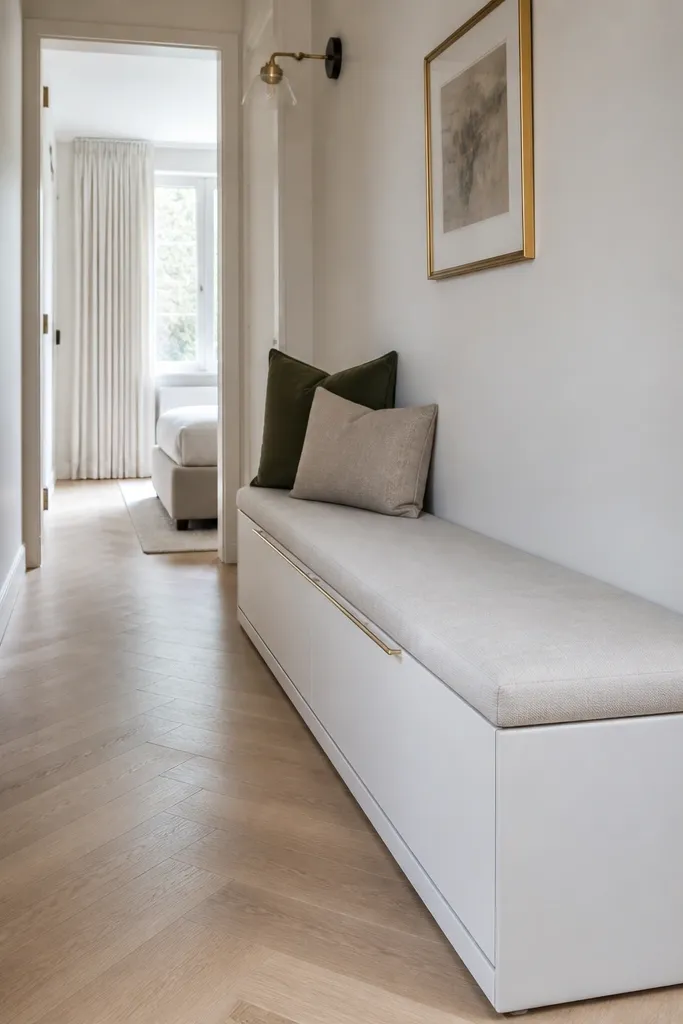 Narrow bench with sliding drawers that pull out to reveal shoes