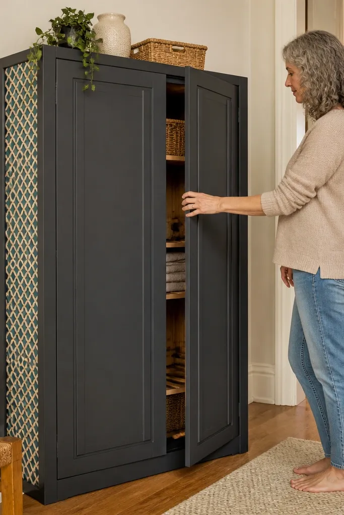 Cabinet with magnetic latches and patterned side panels hiding shoe storage