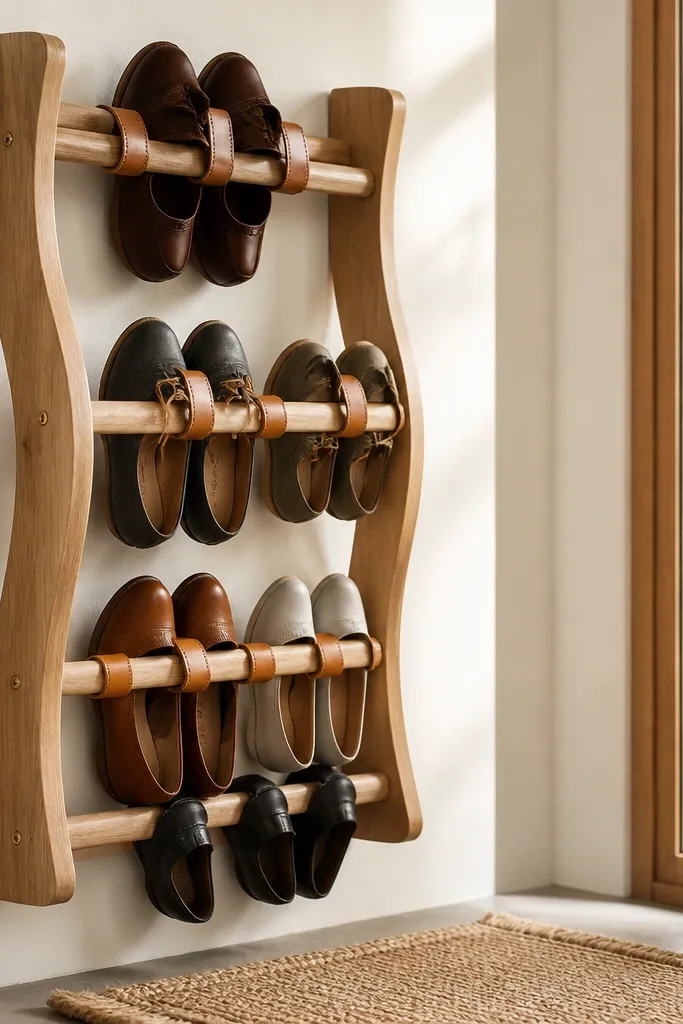 Wood shoe shelf with leather straps holding shoes in neat rows