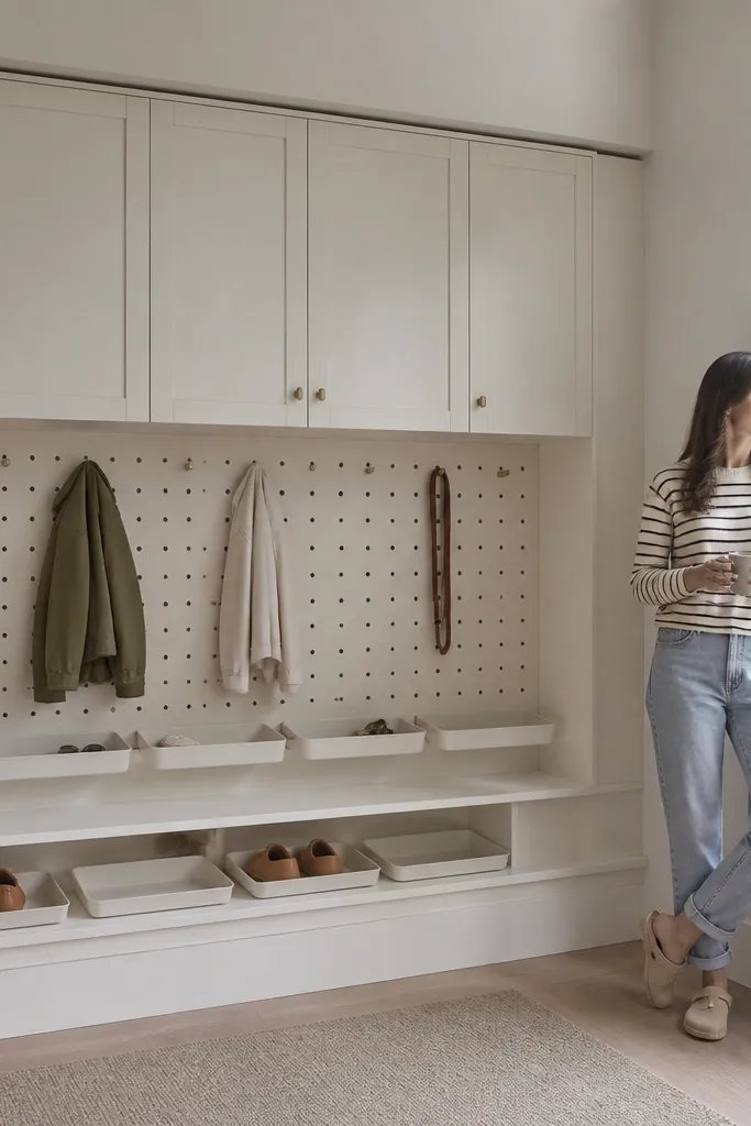 Pegboard lower area and closed cabinet upper storage for shoes and gear
