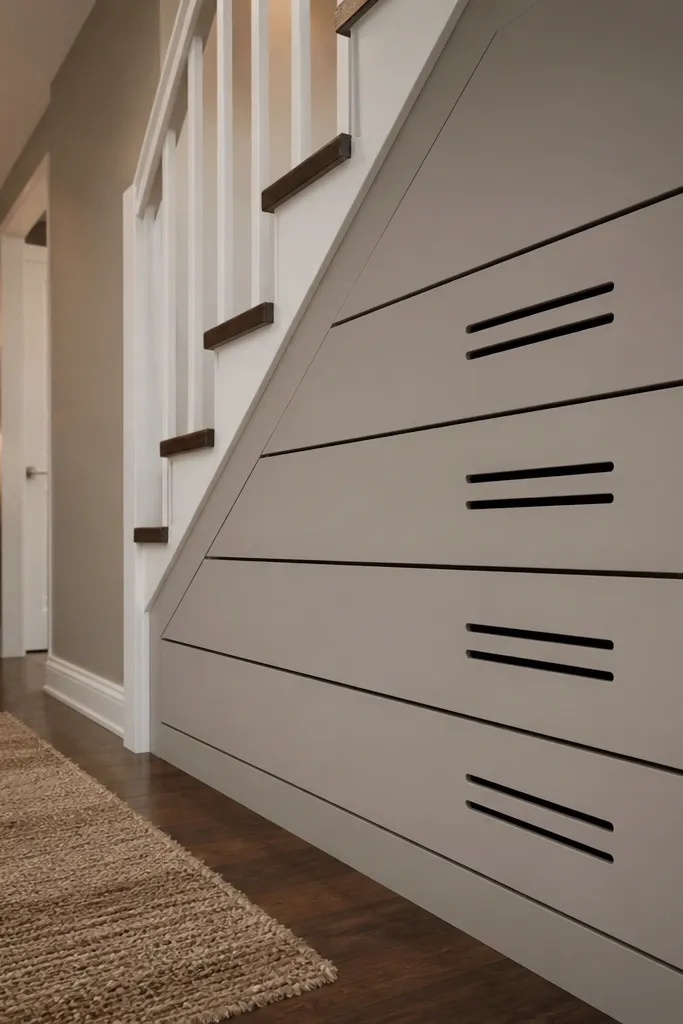 Under-stair drawers with vent slots and themed fronts