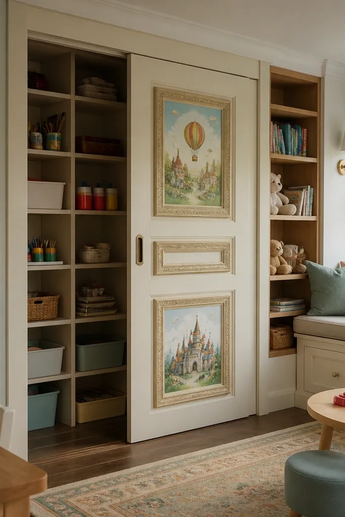 Colorful sliding door with framed panels and labeled cubbies inside
