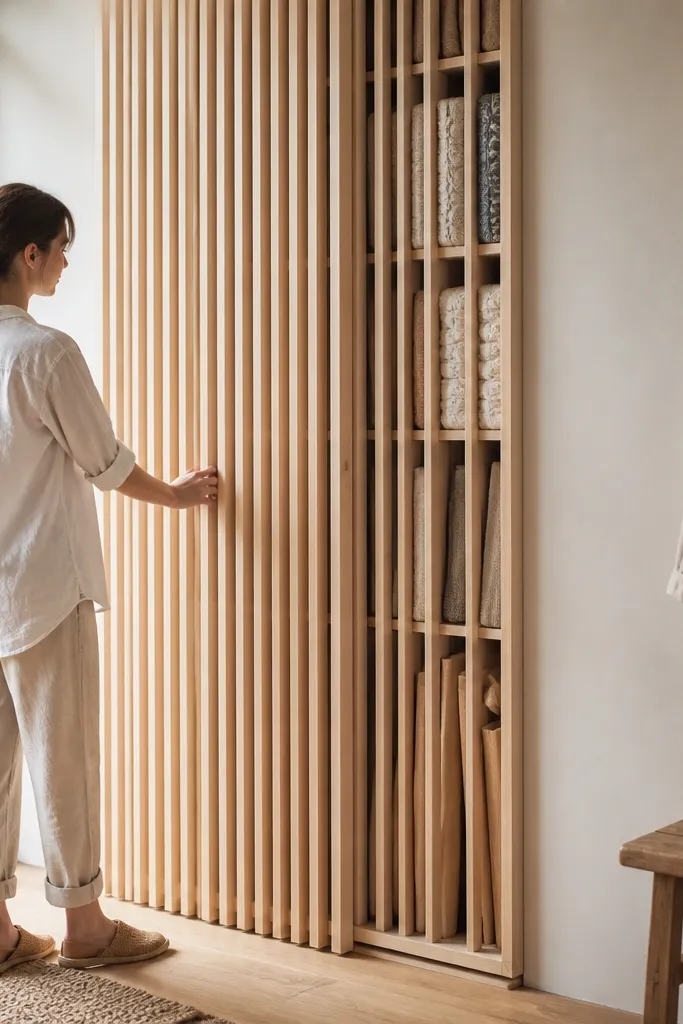 Natural wood sliding door with vertical slats and vertical organizer slots