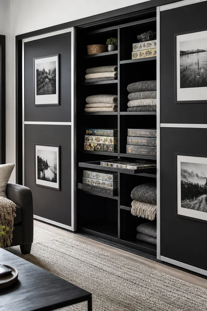 All-black sliding door with framed panels and adjustable shelves inside