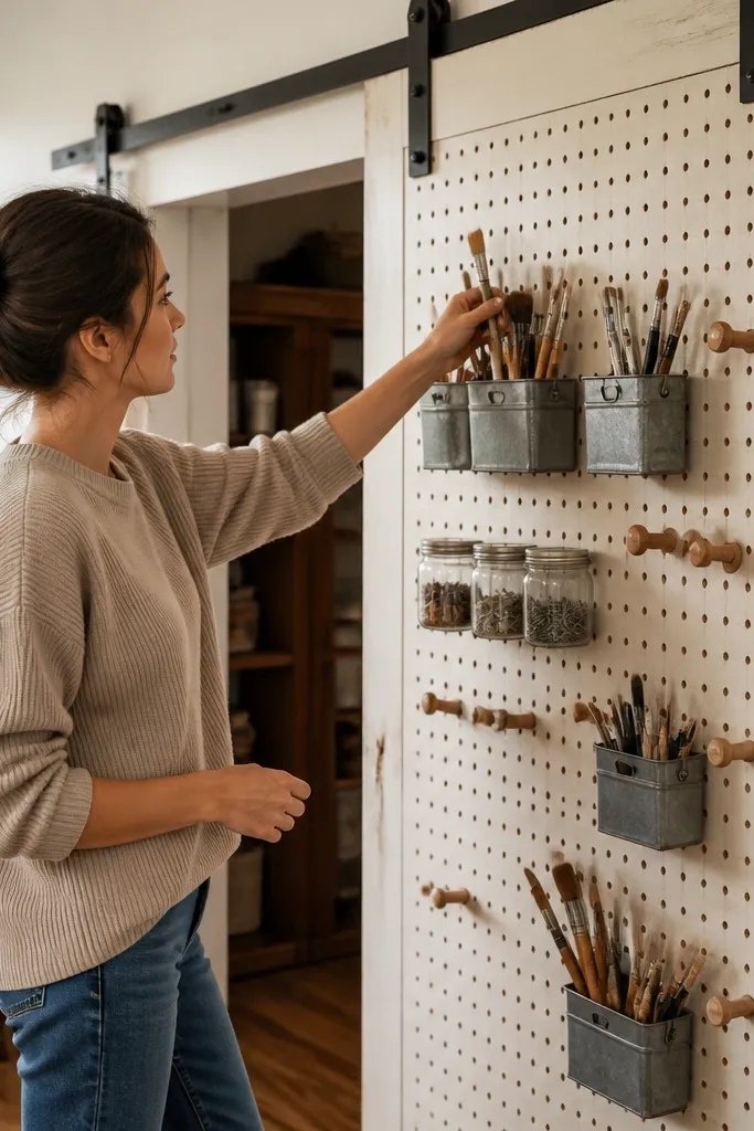 Warm wood sliding door with pegboard face and removable bins inside