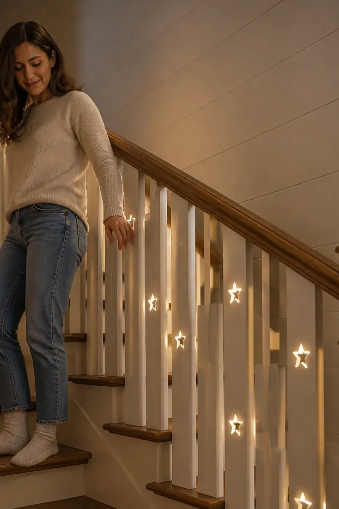 Wood balusters with small warm puck lights glowing like stars