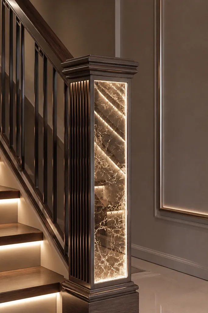 Newel post with mirrored panel and warm strip lights reflecting along the railing