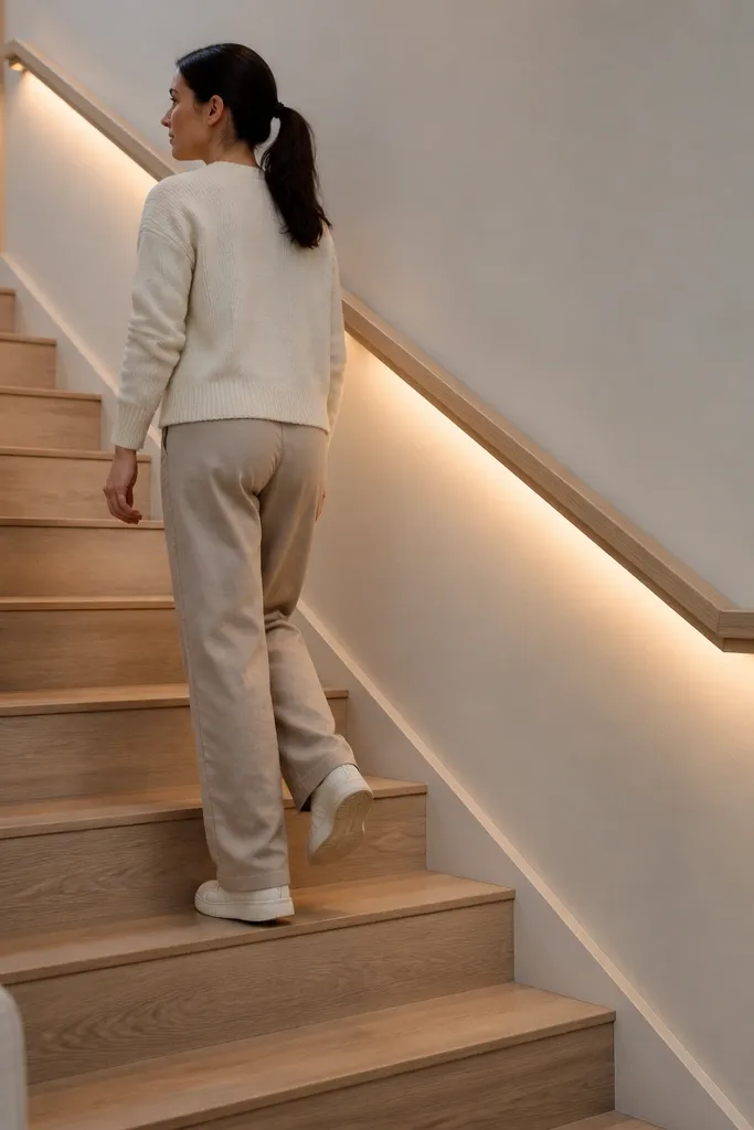 Light oak handrail with subtle warm glow from concealed cable channel