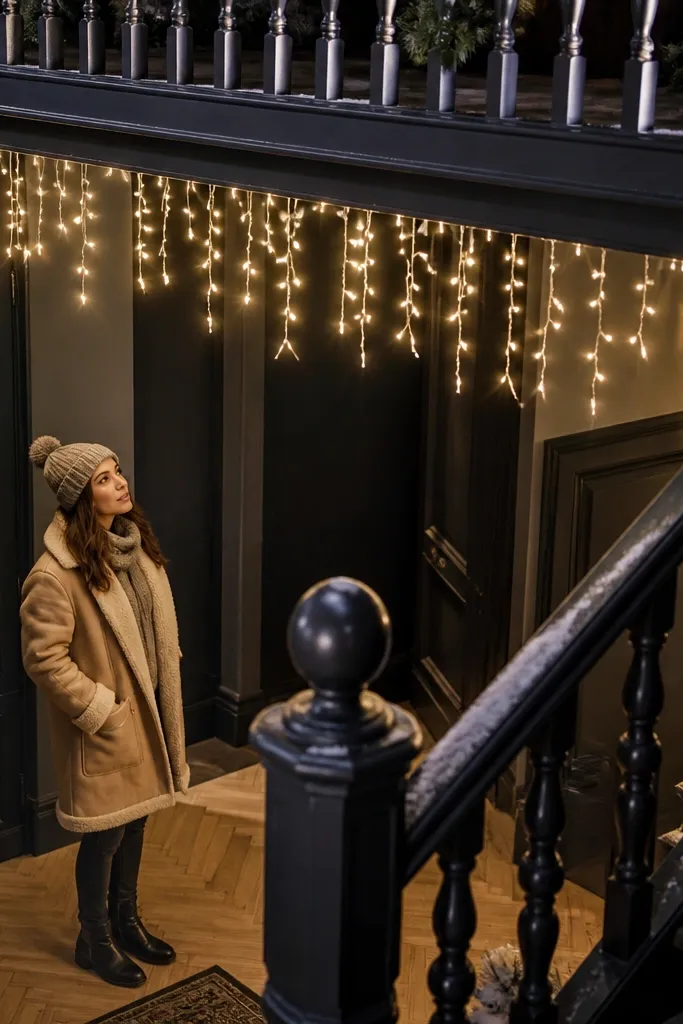 Warm icicle-style LED drops hanging under a stair railing line