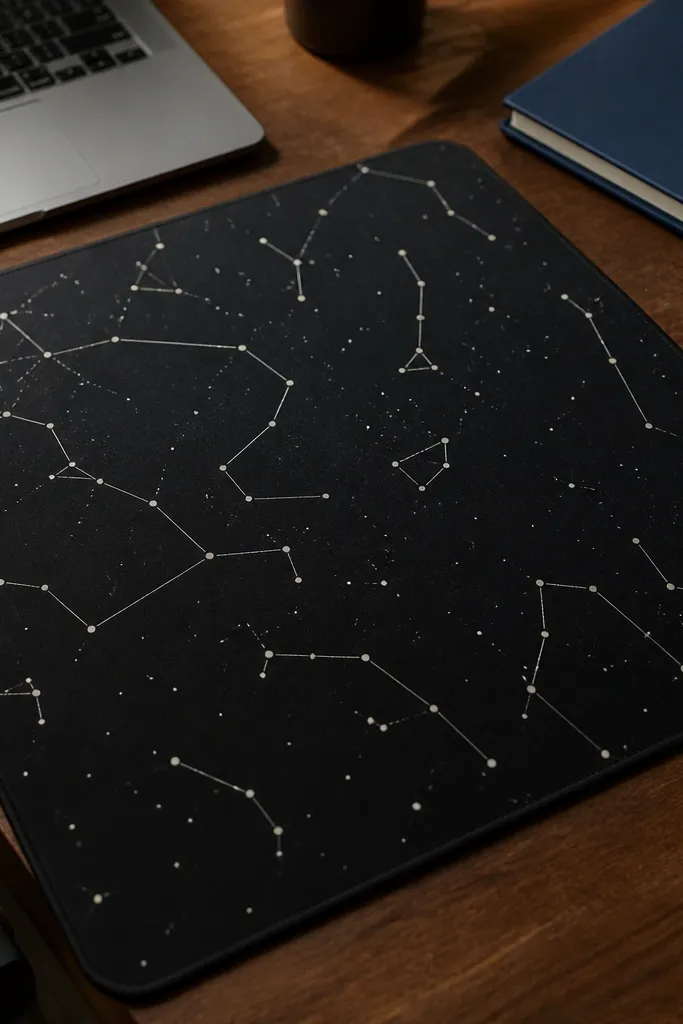 Dark desk mat with white constellation dots and simple star lines