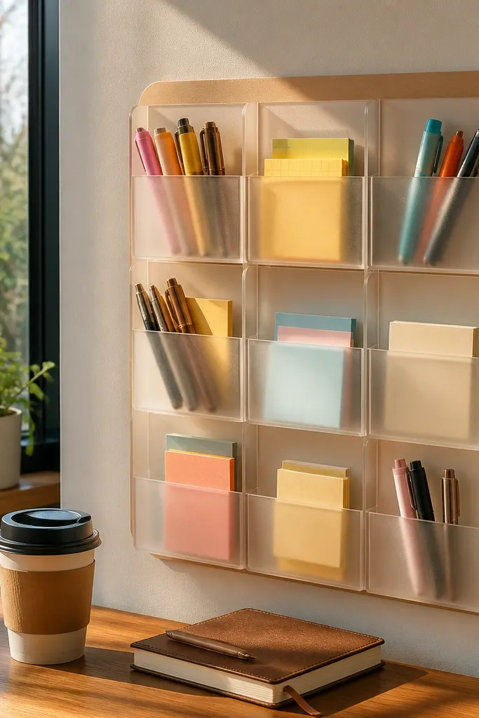 Wood-look mini wall panel with grid slots and small cafe-themed labels