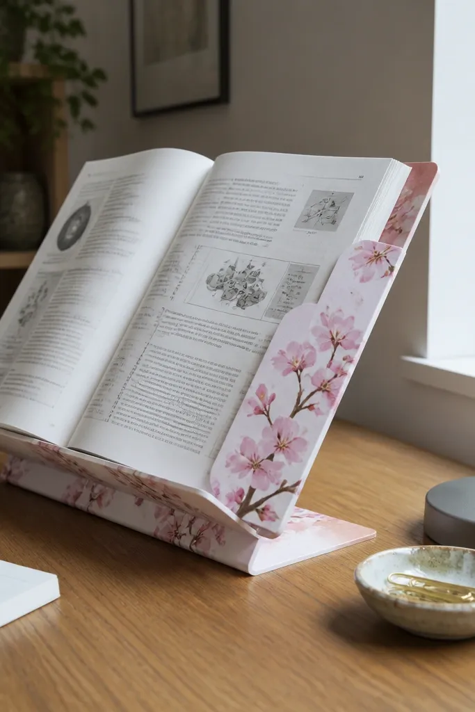 Two-piece paper book stand with pink blossom print holding an open book
