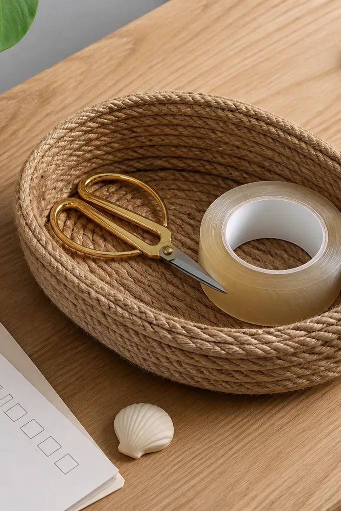 Small woven rope tray holding scissors and a roll of tape on a light desk
