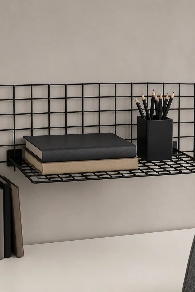Small wall shelf with black grid pattern and neatly spaced book stacks