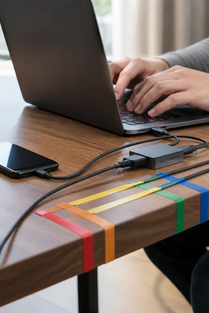 Keyboard and monitor cables bundled with rainbow tape labels