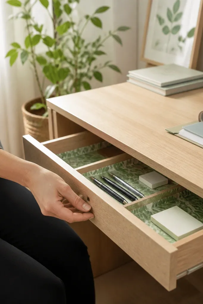 Drawer with green leaf patterned inserts for pens, erasers, and paper clips