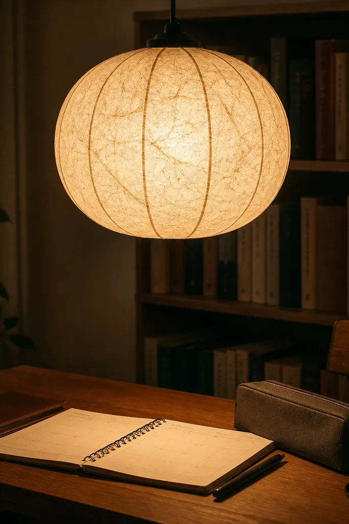 Small warm paper lantern shade over a desk lamp, with a study notebook below