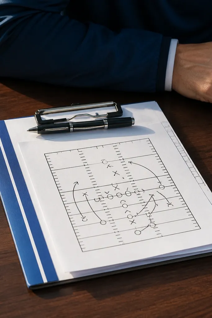 Clipboard with a bold team-color strip and taped page corners