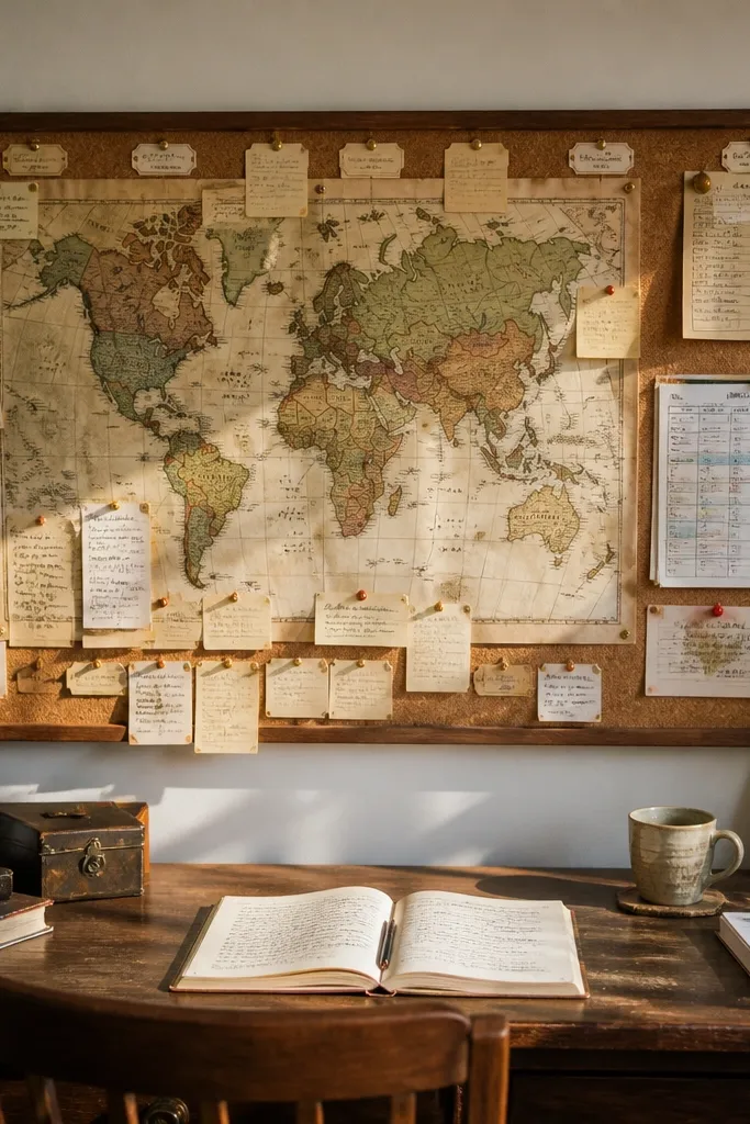 Cork or foam board covered in map print with pinned notes and route lines