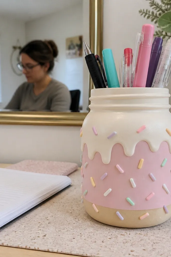Mason jar pen cup painted like a dessert with pastel sprinkles pattern