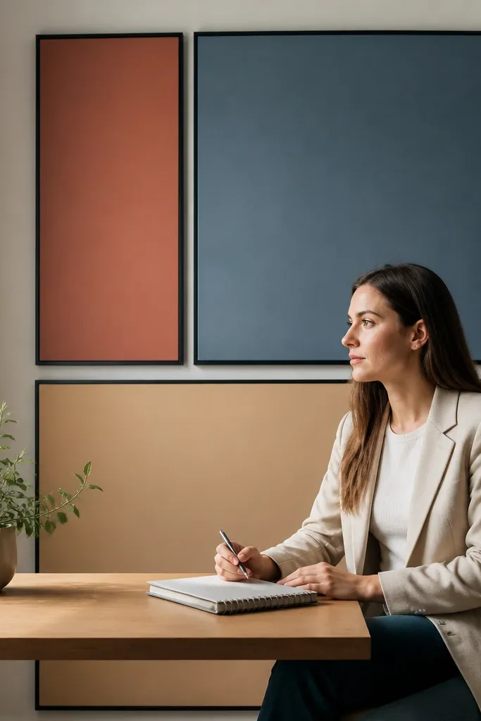 Small framed color blocks behind a desk with a notebook centered