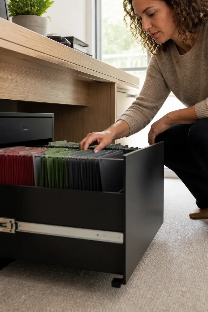 Small under-desk file organizer with three colored tabs and folders