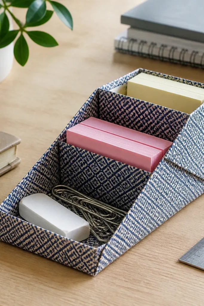Folded cardboard organizer with geometric patterns holding small stationery