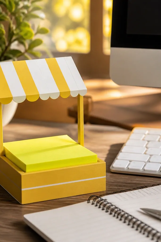 Sticky note holder shaped like a lemonade stand with yellow and white stripes