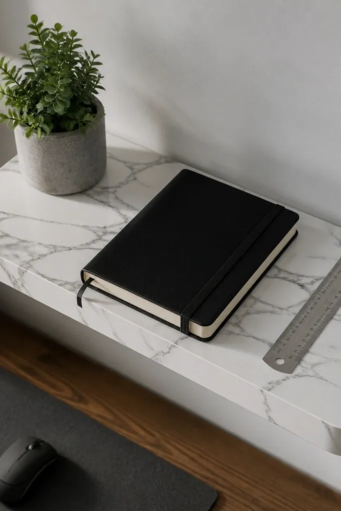 Small shelf covered in white marble contact paper with a minimal organizer set