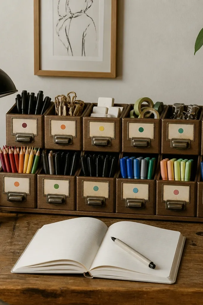 Card catalog style label set and small drawers for notebooks with vintage typography