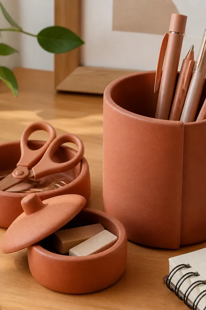 Terracotta-colored organizers in a row with pens and highlighters on a neutral desk