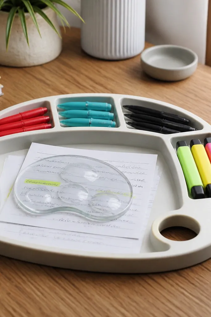Paint palette-shaped tray holding different colored sticky notes and markers