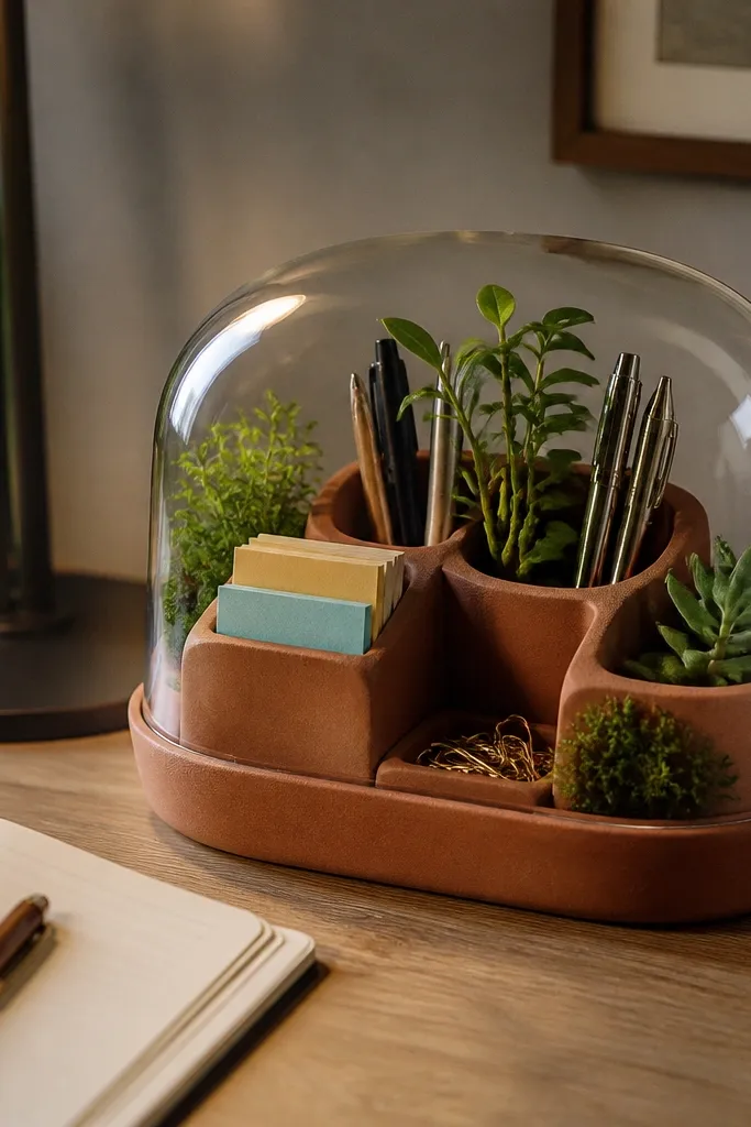 Small terracotta planter organizer with clear dome and labeled compartments