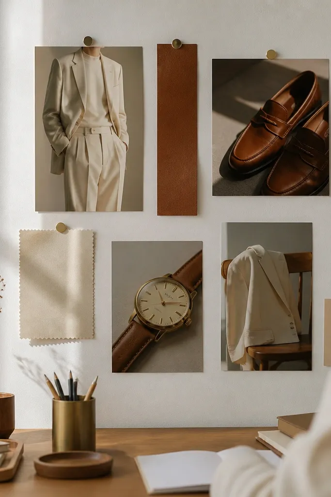Cream sweater, cognac leather belt, tan trousers, and gold accessories arranged on a board