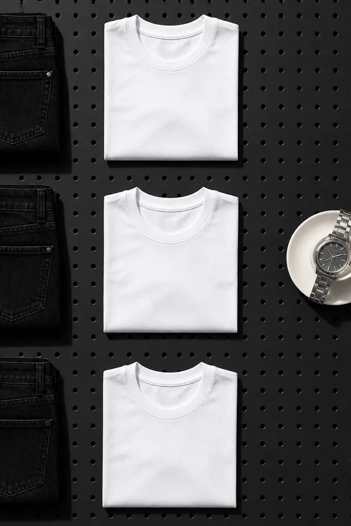 Black jeans, white t-shirt, silver watch, and sneakers arranged in a high-contrast grid