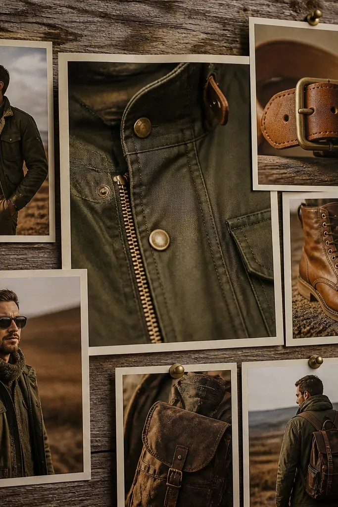 Olive jacket, tan boots, canvas bag, and brass buttons on a rugged-themed board