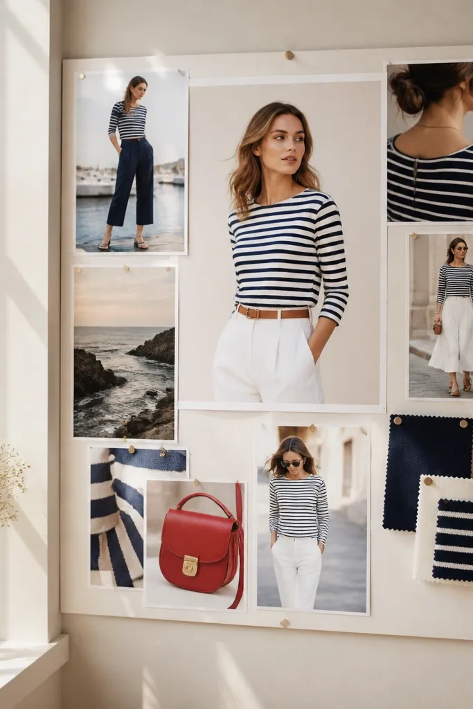 Navy striped top, red scarf, white sneakers, and gold buttons arranged as a sailor board