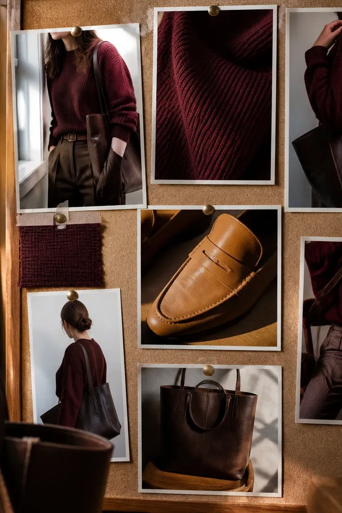 Burgundy knit sweater, chocolate brown trousers, tan loafers, and warm lighting decor