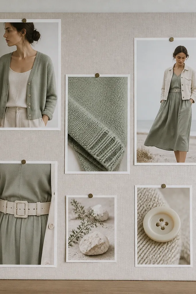 Sage cardigan, cream tank, light trousers, and minimal jewelry arranged in soft tones