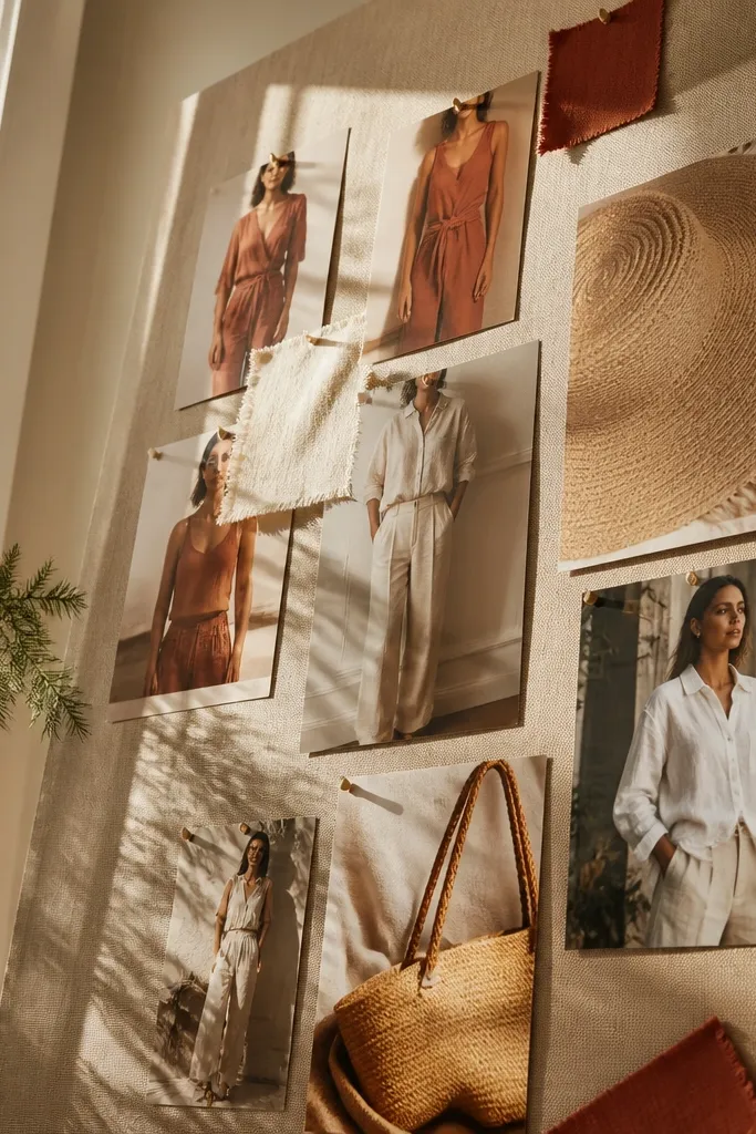 Terracotta top, straw bag, linen pants, and warm sandals arranged with sunlit tones
