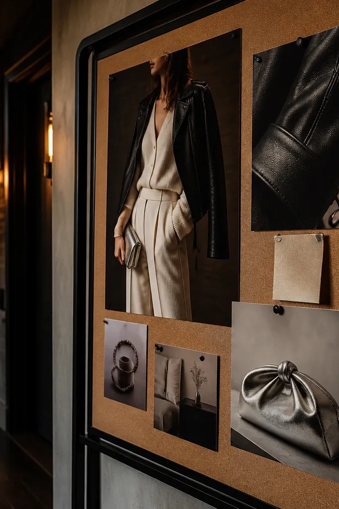 Black leather jacket, cream blouse, black clutch, and sleek boots arranged cleanly
