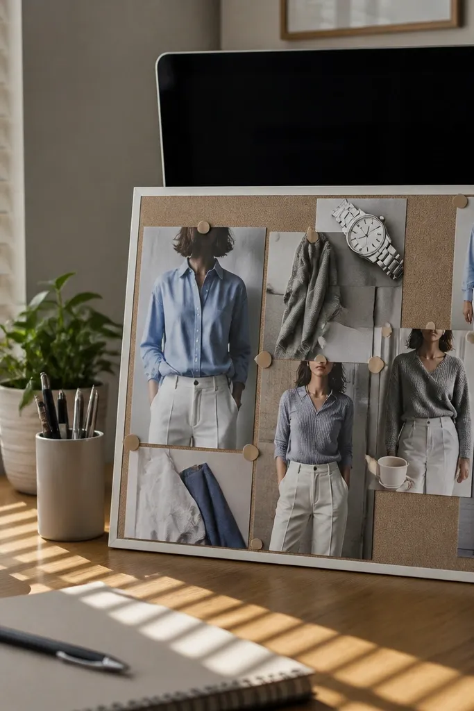 Powder blue blouse, silver watch, gray trousers, and white sneakers arranged for a cool office look