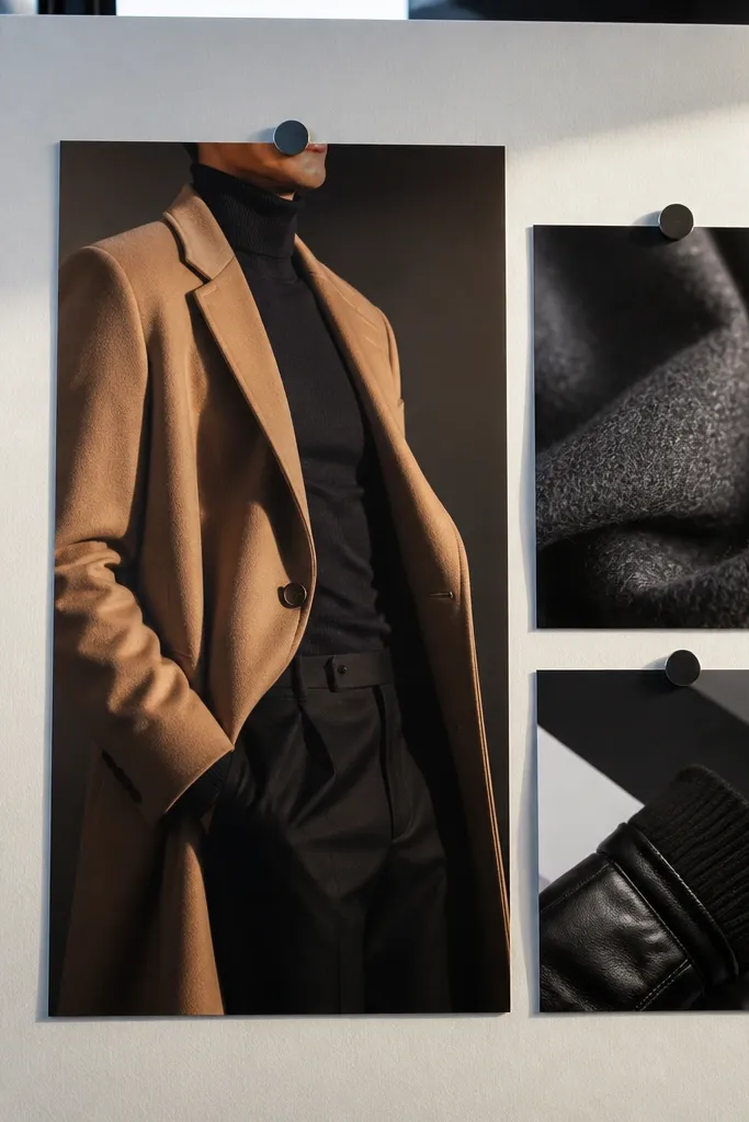 Camel overcoat, black turtleneck, black boots, and a structured tote on a city-style board