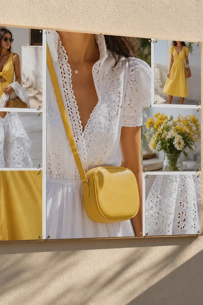 Bright yellow dress, white eyelet details, gold hoops, and white sandals arranged on a sunny board