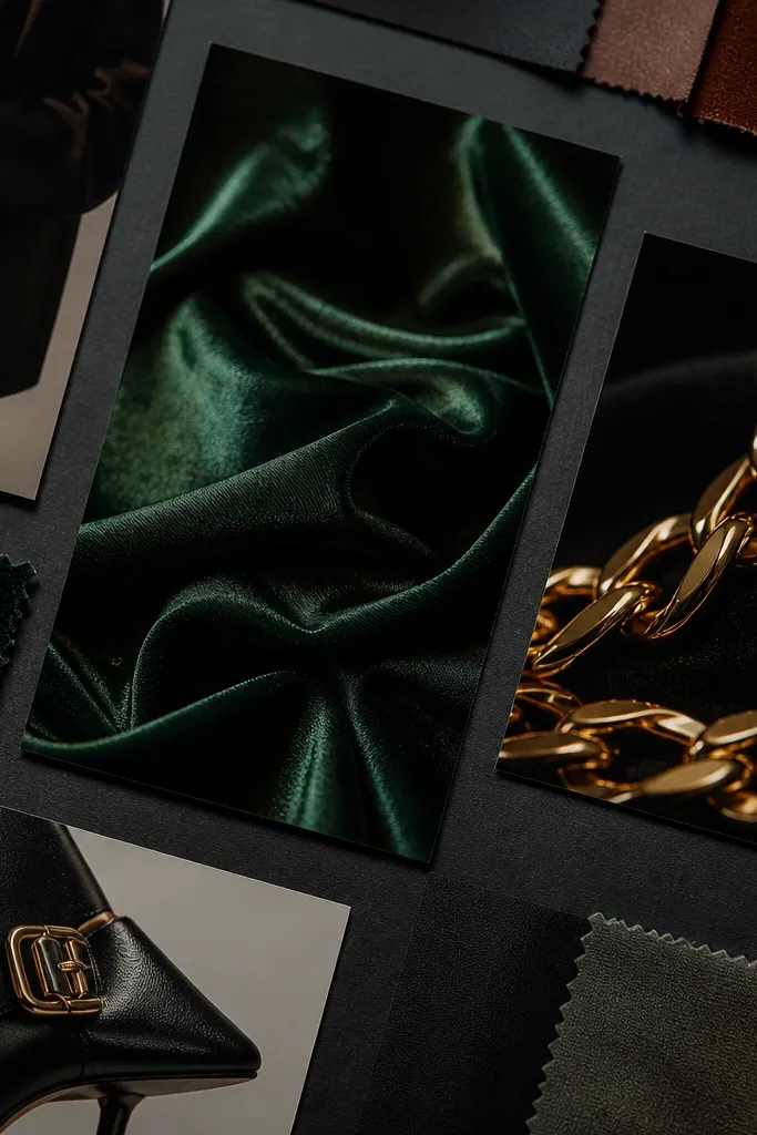 Emerald satin top, gold chain necklace, black skirt, and heels arranged for a luxe board