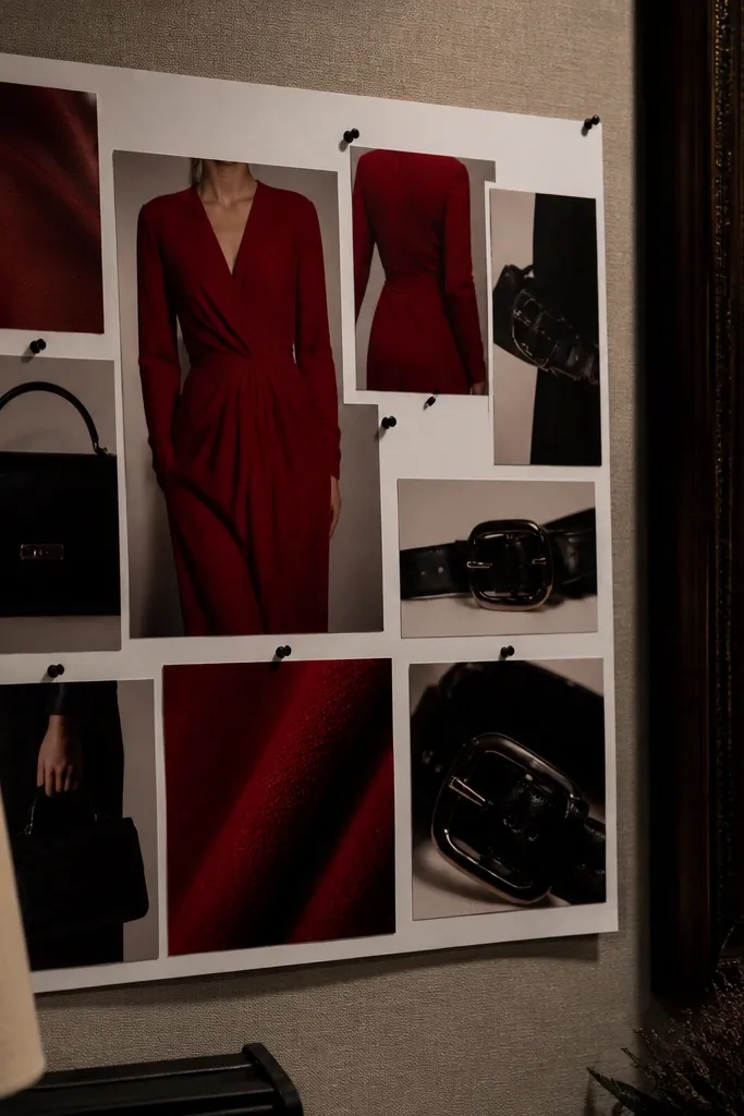 Red dress, black heels, black clutch, and red lipstick shade swatches on a bold board
