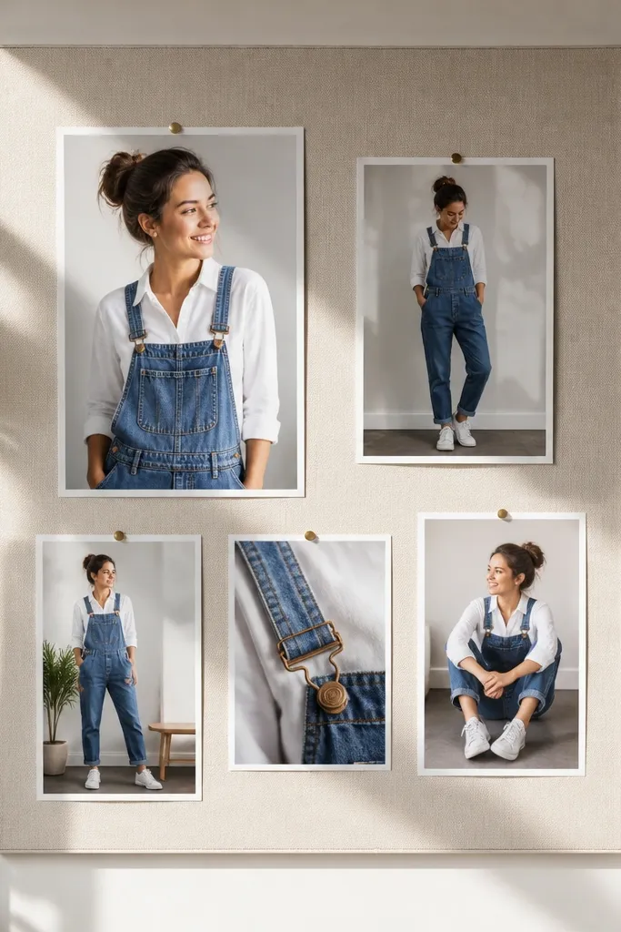 White button-up, denim overalls, canvas sneakers, and a small crossbody bag arranged neatly