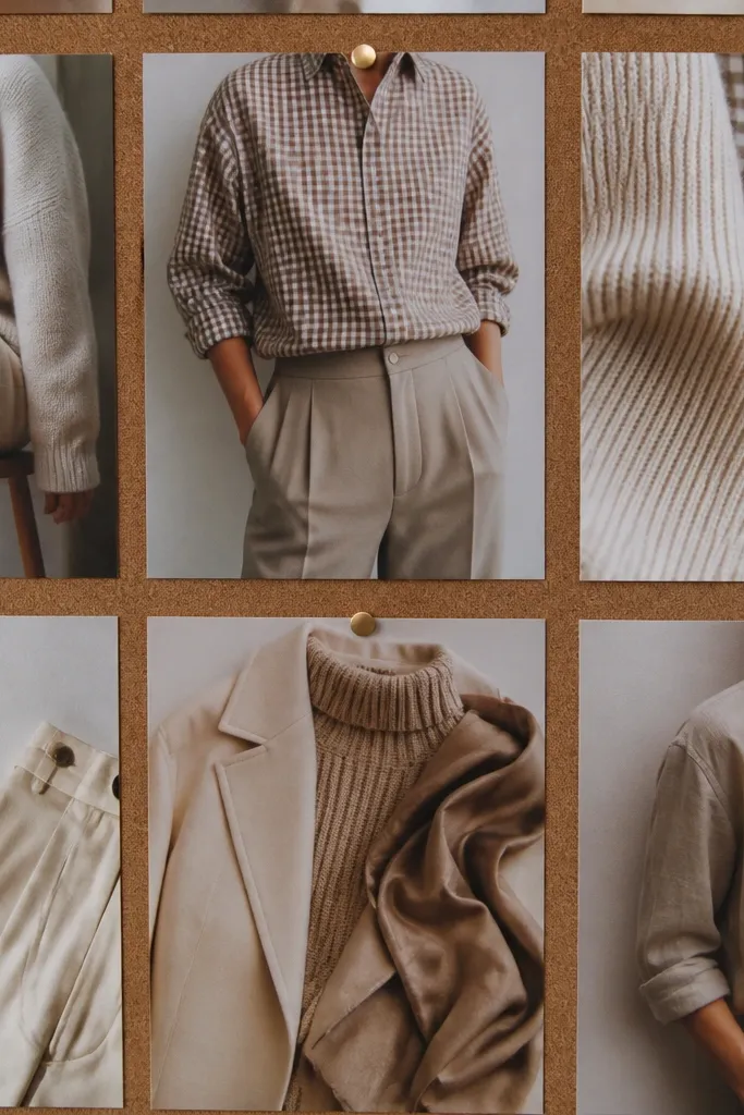 Checkered shirt, solid beige trousers, striped socks, and a neutral bag arranged with a pattern rule