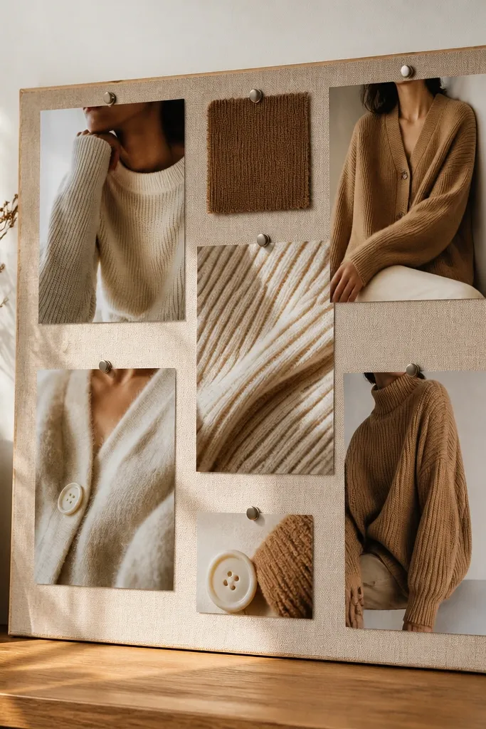 Camel turtleneck, cream cardigan, knit textures, and neutral boots arranged as a cozy capsule